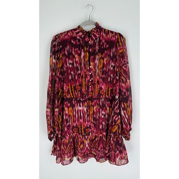 House of Harlow 1960 Womens Burgundy Abstract Dress Chiffon Ruffle Neck Size 10 - Picture 4 of 13